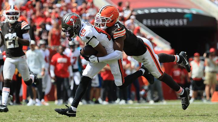 Sep 20, 2026; Tampa, Florida, USA; Tampa Bay Buccaneers wide receiver Tez Johnson (15) catches a pass defended by Cleveland Browns cornerback Tyson Campbell (7) during the second half at Raymond James Stadium. Mandatory Credit: Kim Klement Neitzel-Imagn Images Sep 20, 2026; Tampa, Florida, USA; Tampa Bay Buccaneers wide receiver Tez Johnson (15) catches a pass defended by Cleveland Browns cornerback Tyson Campbell (7) during the second half at Raymond James Stadium. Mandatory Credit: Kim Klement Neitzel-Imagn Images
