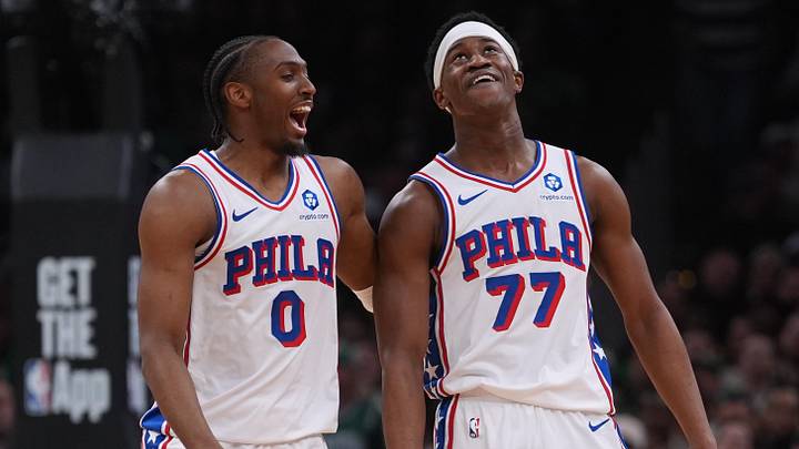Apr 28, 2026; Boston, Massachusetts, USA; Philadelphia 76ers guard Tyrese Maxey (0) and guard Vj Edgecombe (77) on the court against the Boston Celtics in the second quarter during game five of the first round of the 2026 NBA Playoffs at TD Garden. Mandatory Credit: David Butler II-Imagn Images Apr 28, 2026; Boston, Massachusetts, USA; Philadelphia 76ers guard Tyrese Maxey (0) and guard Vj Edgecombe (77) on the court against the Boston Celtics in the second quarter during game five of the first round of the 2026 NBA Playoffs at TD Garden. Mandatory Credit: David Butler II-Imagn Images