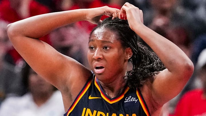 Indiana Fever forward Aliyah Boston (7) reacts to a call Tuesday, May 20, 2025, during a game between the Indiana Fever and the Atlanta Dream at Gainbridge Fieldhouse in Indianapolis.