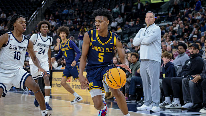 Campbell Hall's Isaiah Johnson handling the ball against Brentwood on Saturday, Feb. 1, 2025 at the Intuit Dome.