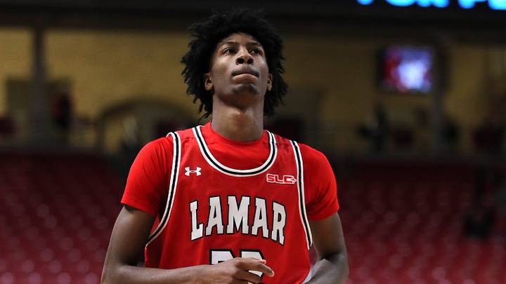 Dec 21, 2024; Lubbock, Texas, USA; Lamar Cardinals forward Andrew Holifield (22) runs up court in the second half during the game against the Texas Tech Red Raiders at United Supermarkets Arena. Dec 21, 2024; Lubbock, Texas, USA; Lamar Cardinals forward Andrew Holifield (22) runs up court in the second half during the game against the Texas Tech Red Raiders at United Supermarkets Arena.