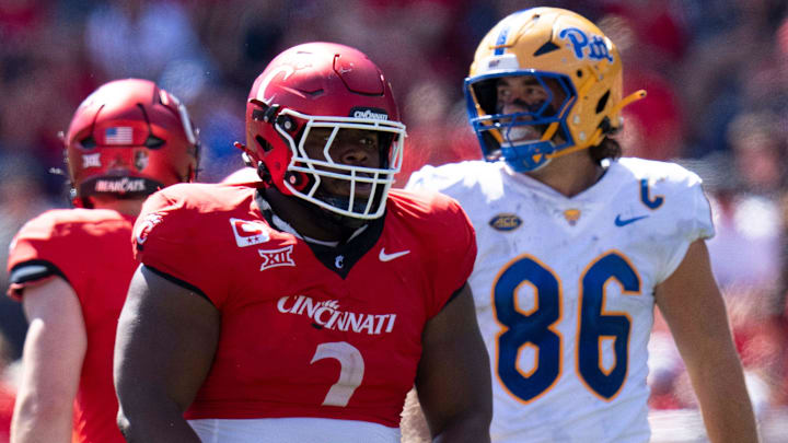 Cincinnati Bearcats defensive tackle Dontay Corleone (2) reacts after making a stop in the second quarter of the College Football game between the Cincinnati Bearcats and the Pittsburgh Panthers at Nippert Stadium in Cincinnati on Saturday, Sept. 7, 2024.