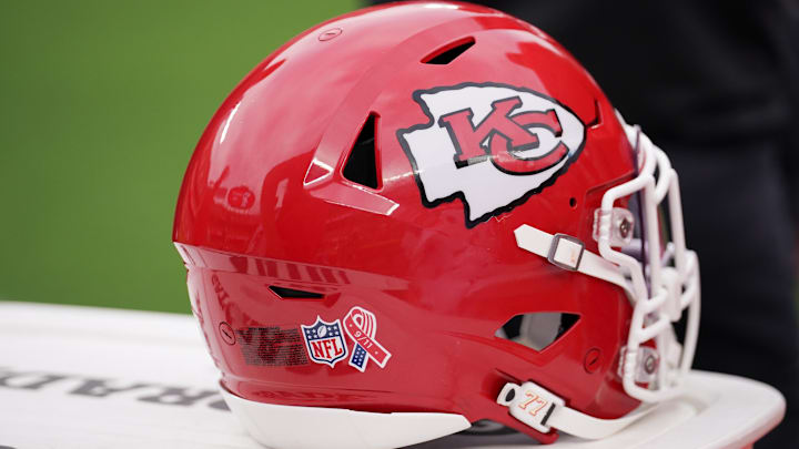 Sep 14, 2025; Kansas City, Missouri, USA; A Kansas City Chiefs helmet is seen during the third quarter of the game between the Kansas City Chiefs and the Philadelphia Eagles at GEHA Field at Arrowhead Stadium. Mandatory Credit: Denny Medley-Imagn Images