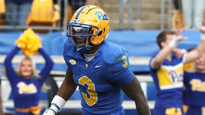 Pittsburgh Panthers linebacker Rasheem Biles scored a pick-six touchdown against the Notre Dame Fighting Irish during the third quarter at Acrisure Stadium. Pittsburgh Panthers linebacker Rasheem Biles scored a pick-six touchdown against the Notre Dame Fighting Irish during the third quarter at Acrisure Stadium.