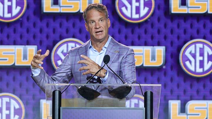 LSU Tigers head coach Lane Kiffin speaks to the press during SEC Football Kickoff Media Day at the Tampa Marriott.