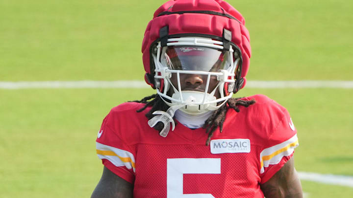 Jul 26, 2024; Kansas City, MO, USA; Kansas City Chiefs wide receiver Marquise “Hollywood” Brown (5) runs drills during training camp at Missouri Western State University. Mandatory Credit: Denny Medley-Imagn Images