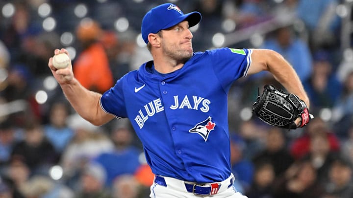 Mar 29, 2025; Toronto, Ontario, CAN; Toronto Blue Jays starting pitcher Max Scherzer (31) delivers a pitch against the Baltimore Orioles in the first inning at Rogers Centre. Mandatory Credit: Dan Hamilton-Imagn Images