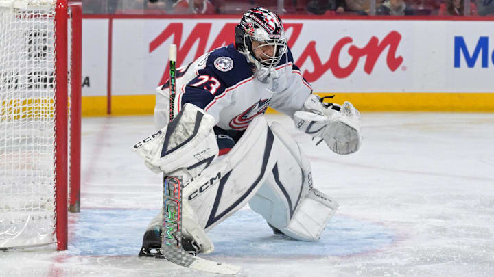 Apr 11, 2026; Montreal, Quebec, CAN; Columbus Blue Jackets goalie Jet Greaves (73) makes a save against the Montreal Canadiens during the second period at the Bell Centre. Mandatory Credit: Eric Bolte-Imagn Images