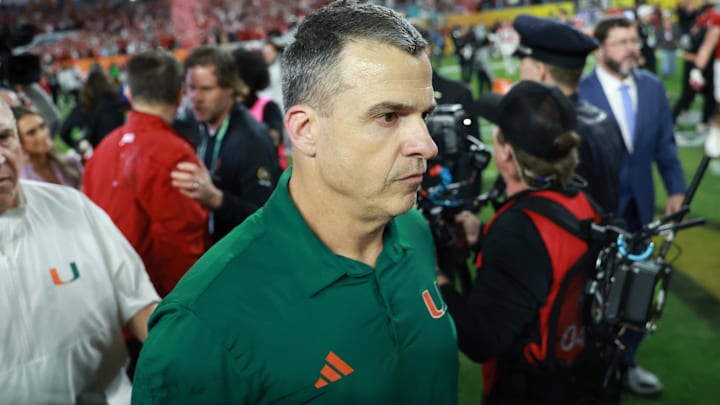 Jan 19, 2026; Miami Gardens, FL, USA; Miami Hurricanes head coach Mario Cristobal reacts after the College Football Playoff National Championship game at Hard Rock Stadium. Mandatory Credit: Mark J. Rebilas-Imagn Images