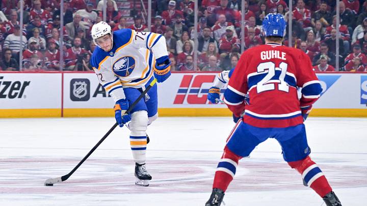 May 12, 2026; Montreal, Quebec, CAN; Buffalo Sabres forward Tage Thompson (72) scores a goal on a bad bounce while dumping the puck in the corner during the second period against the Montreal Canadiens in game four of the second round of the 2026 Stanley Cup Playoffs at Bell Centre. Mandatory Credit: Eric Bolte-Imagn Images May 12, 2026; Montreal, Quebec, CAN; Buffalo Sabres forward Tage Thompson (72) scores a goal on a bad bounce while dumping the puck in the corner during the second period against the Montreal Canadiens in game four of the second round of the 2026 Stanley Cup Playoffs at Bell Centre. Mandatory Credit: Eric Bolte-Imagn Images