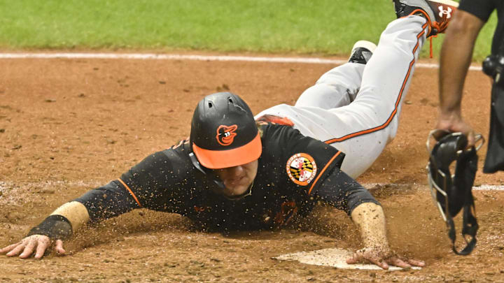 Sep 22, 2023; Cleveland, Ohio, USA; Baltimore Orioles shortstop Gunnar Henderson (2) scores in the
