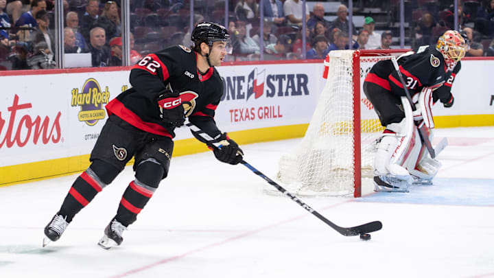 Sep 24, 2024; Ottawa, Ontario, CAN;Ottawa Senators defenseman Jeremy Davies (62) skates with the puck in the second period against the  Toronto Maple Leafs at the Canadian Tire Centre. Mandatory Credit: Marc DesRosiers-Imagn Images