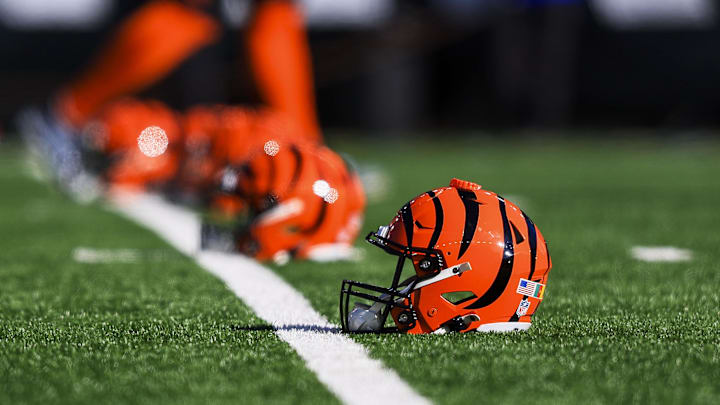 Dec 1, 2024; Cincinnati, Ohio, USA; A general view of a Cincinnati Bengals helmet during warmups before the game against the Pittsburgh Steelers at Paycor Stadium. Mandatory Credit: Katie Stratman-Imagn Images