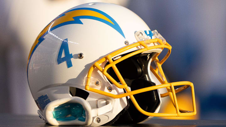 Aug 25, 2023; Santa Clara, California, USA; General view of the helmet belonging to Los Angeles Chargers place kicker Dustin Hopkins (not pictured) during the first quarter against the San Francisco 49ers at Levi's Stadium. Mandatory Credit: Stan Szeto-Imagn Images Aug 25, 2023; Santa Clara, California, USA; General view of the helmet belonging to Los Angeles Chargers place kicker Dustin Hopkins (not pictured) during the first quarter against the San Francisco 49ers at Levi's Stadium. Mandatory Credit: Stan Szeto-Imagn Images