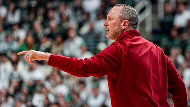 Indiana head coach Darian Devries reacts to a play against Michigan State during the first half at Breslin Center in East Lansing on Tuesday, Jan. 13, 2026.