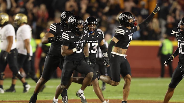 Oct 19, 2024; Ames, Iowa, USA; Iowa State Cyclones defensive back Jontez Williams (3) celebrates after his interception to seal the game against the UCF Knights at Jack Trice Stadium. The Cyclones beat the Knights 38 to 35.  Mandatory Credit: Reese Strickland-Imagn Images