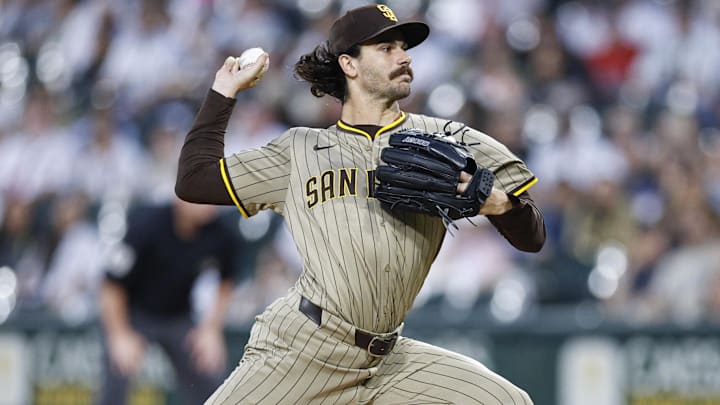 Sep 19, 2025; Chicago, Illinois, USA; San Diego Padres starting pitcher Dylan Cease (84) delivers a pitch against the Chicago White Sox during the first inning at Rate Field. Mandatory Credit: Kamil Krzaczynski-Imagn Images