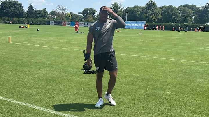 Eagles edge rusher Nolan Smith after practice on July 24, 2024.