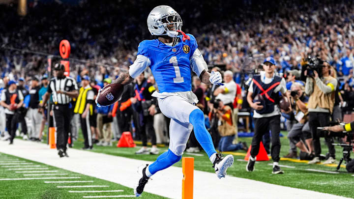 Detroit Lions wide receiver Jameson Williams (1) runs for a touchdown against Green Bay Packers during the first half at Ford Field in Detroit on Thursday, Nov. 27, 2025. Detroit Lions wide receiver Jameson Williams (1) runs for a touchdown against Green Bay Packers during the first half at Ford Field in Detroit on Thursday, Nov. 27, 2025.