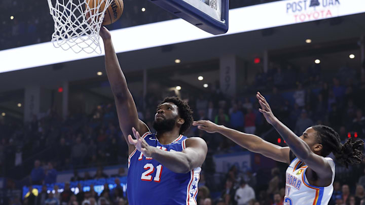 Nov 25, 2023; Oklahoma City, Oklahoma, USA; Philadelphia 76ers center Joel Embiid (21) shoots as