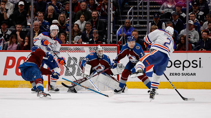 Edmonton Oilers defenseman Evan Bouchard (2) shoots the puck