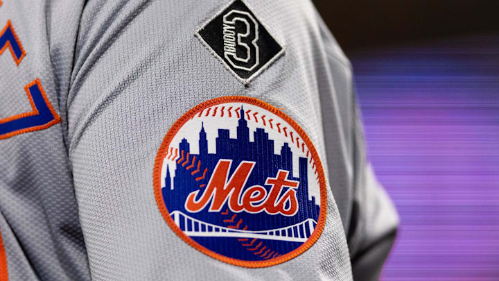 May 15, 2024; Philadelphia, Pennsylvania, USA; New York Mets logo on the sleeve of J.D. Martinez during a game against the Philadelphia Phillies at Citizens Bank Park. Mandatory Credit: Bill Streicher-Imagn Images