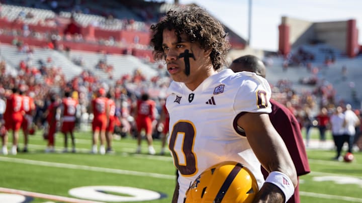 Nov 30, 2024; Tucson, Arizona, USA; Arizona State Sun Devils wide receiver Jordyn Tyson (0) against the Arizona Wildcats during the Territorial Cup at Arizona Stadium. Mandatory Credit: Mark J. Rebilas-Imagn Images