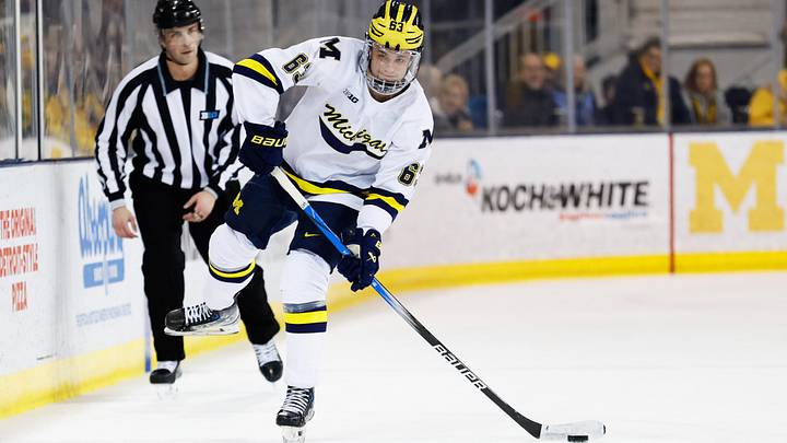 Mar 7, 2025; Ann Arbor, MI, USA; Michigan Wolverines defenseman Luca Fantilli (63) skates with the puck against Penn State during a Big Ten Tournament quarter final game at Yost Arena. Mandatory Credit: Rick Osentoski-Imagn Images Mar 7, 2025; Ann Arbor, MI, USA; Michigan Wolverines defenseman Luca Fantilli (63) skates with the puck against Penn State during a Big Ten Tournament quarter final game at Yost Arena. Mandatory Credit: Rick Osentoski-Imagn Images