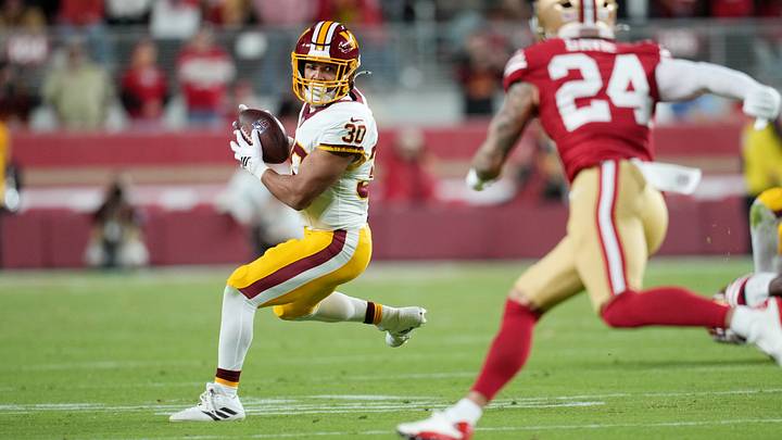 Oct 19, 2026; Santa Clara, California, USA; Washington Commanders RB Austin Ekeler (30) makes a catch as San Francisco 49ers safety Ashtyn Davis (24) defends during the fourth quarter at Levi's Stadium. Mandatory Credit: Cary Edmondson-Ima Oct 19, 2026; Santa Clara, California, USA; Washington Commanders RB Austin Ekeler (30) makes a catch as San Francisco 49ers safety Ashtyn Davis (24) defends during the fourth quarter at Levi's Stadium. Mandatory Credit: Cary Edmondson-Ima