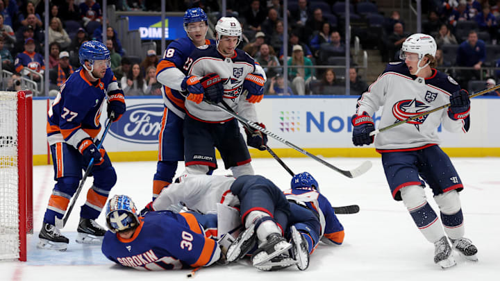 Mar 22, 2026; Elmont, New York, USA; New York Islanders goaltender Ilya Sorokin (30) covers the puck against the Columbus Blue Jackets during the third period at UBS Arena. Mandatory Credit: Brad Penner-Imagn Images