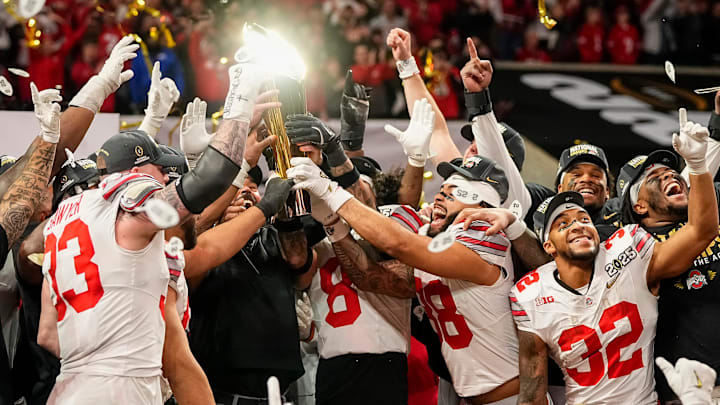 Ohio State Buckeyes celebrate their 34-23 win over Notre Dame Fighting Irish to win the College Football Playoff National Championship at Mercedes-Benz Stadium in Atlanta on January 20, 2025.