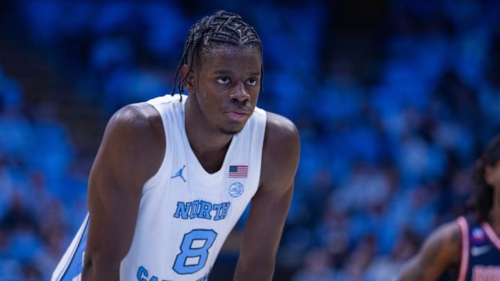 Nov 11, 2025; Chapel Hill, North Carolina, USA; North Carolina Tar Heels forward Caleb Wilson (8) rests before a free throw against the Radford Highlanders in the second half at Dean E. Smith Center. Mandatory Credit: Scott Kinser-Imagn Images