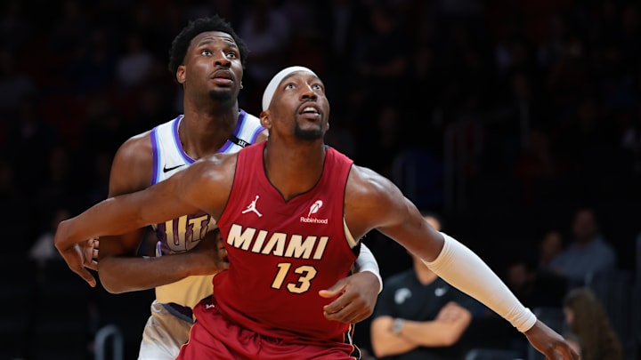 Feb 9, 2026; Miami, Florida, USA; Utah Jazz forward Jaren Jackson Jr. (20) defends against Miami Heat center Bam Adebayo (13) during the first quarter at Kaseya Center. Mandatory Credit: Sam Navarro-Imagn Images