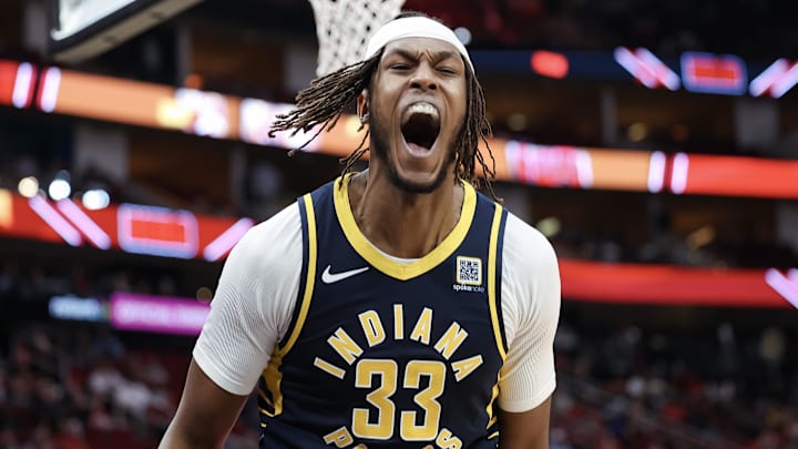 Nov 20, 2024; Houston, Texas, USA; Indiana Pacers center Myles Turner (33) reacts after making a basket during the third quarter against the Houston Rockets at Toyota Center. Mandatory Credit: Troy Taormina-Imagn Images