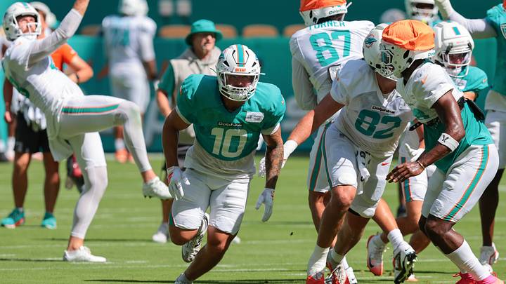 Miami Dolphins inside linebacker Jacob Rodriguez (10) works during practice at Hard Rock Stadium. Miami Dolphins inside linebacker Jacob Rodriguez (10) works during practice at Hard Rock Stadium.