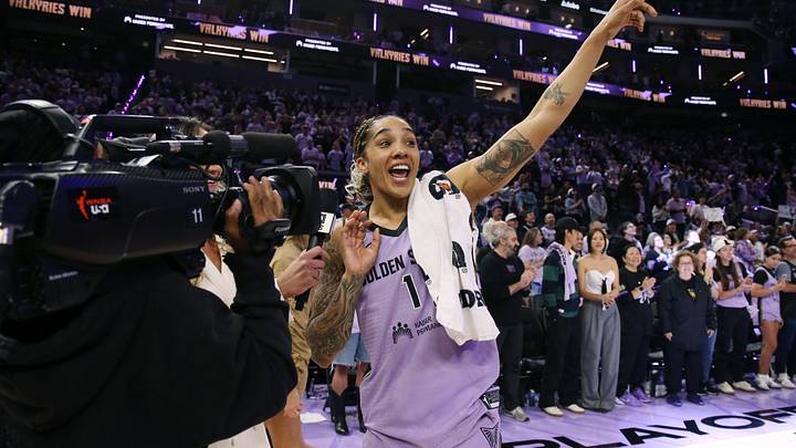 Sep 27, 2026; San Francisco, California, USA;  Golden State Valkyries forward Gabby Williams (1) addresses the crowd after defeating the Dallas Wings in game one of the first round for the 2026 WNBA Playoffs at Chase Center.  Mandatory Credit: David Gonzales-Imagn Images