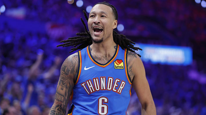 Apr 19, 2026; Oklahoma City, Oklahoma, USA; Oklahoma City Thunder forward Jaylin Williams (6) reacts after scoring against the Phoenix Suns in the second half during game one of the first round of the 2026 NBA Playoffs at Paycom Center. Mandatory Credit: Alonzo Adams-Imagn Images