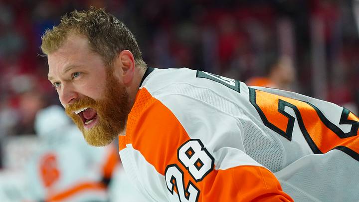 Mar 12, 2022; Raleigh, North Carolina, USA; Philadelphia Flyers center Claude Giroux (28) reacts against the Carolina Hurricanes before the game at PNC Arena. Mandatory Credit: James Guillory-USA TODAY Sports Mar 12, 2022; Raleigh, North Carolina, USA; Philadelphia Flyers center Claude Giroux (28) reacts against the Carolina Hurricanes before the game at PNC Arena. Mandatory Credit: James Guillory-USA TODAY Sports