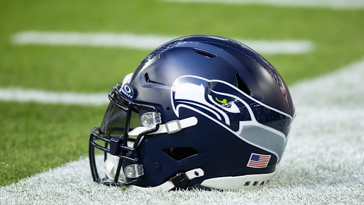 Dec 8, 2024; Glendale, Arizona, USA; Detailed view of a Seattle Seahawks helmet at State Farm Stadium. Mandatory Credit: Mark J. Rebilas-Imagn Images