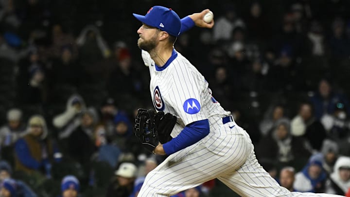 Apr 7, 2025; Chicago, Illinois, USA; Chicago Cubs pitcher Colin Rea (53) delivers during the ninth inning against the Texas Rangers at Wrigley Field. Apr 7, 2025; Chicago, Illinois, USA; Chicago Cubs pitcher Colin Rea (53) delivers during the ninth inning against the Texas Rangers at Wrigley Field.