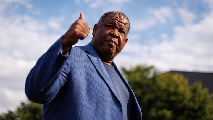 Sep 16, 2023; Lexington, Kentucky, USA; Kentucky Wildcats associate head coach Vince Marrow waves to fans at Cat Walk before the game against the Akron Zips at Kroger Field. Mandatory Credit: Jordan Prather-Imagn Images