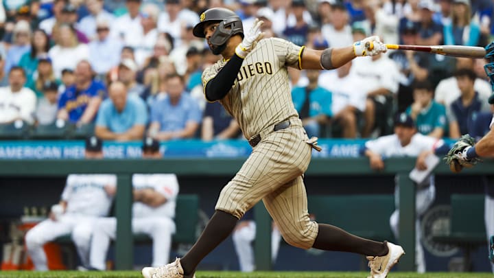 Aug 26, 2025; Seattle, Washington, USA; San Diego Padres shortstop Xander Bogaerts (2) hits an RBI-single against the Seattle Mariners during the first inning at T-Mobile Park. Mandatory Credit: Joe Nicholson-Imagn Images Aug 26, 2025; Seattle, Washington, USA; San Diego Padres shortstop Xander Bogaerts (2) hits an RBI-single against the Seattle Mariners during the first inning at T-Mobile Park. Mandatory Credit: Joe Nicholson-Imagn Images