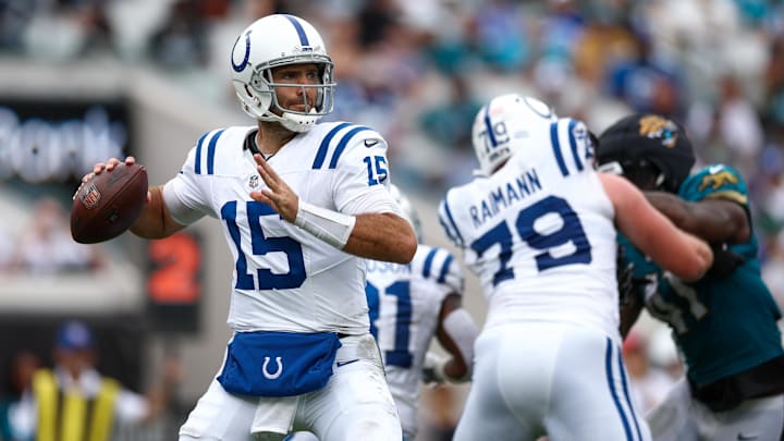 Oct 6, 2024; Jacksonville, Florida, USA; Indianapolis Colts quarterback Joe Flacco (15) drops back to pass against the Jacksonville Jaguars in the third quarter at EverBank Stadium. Mandatory Credit: Nathan Ray Seebeck-Imagn Images Oct 6, 2024; Jacksonville, Florida, USA; Indianapolis Colts quarterback Joe Flacco (15) drops back to pass against the Jacksonville Jaguars in the third quarter at EverBank Stadium. Mandatory Credit: Nathan Ray Seebeck-Imagn Images