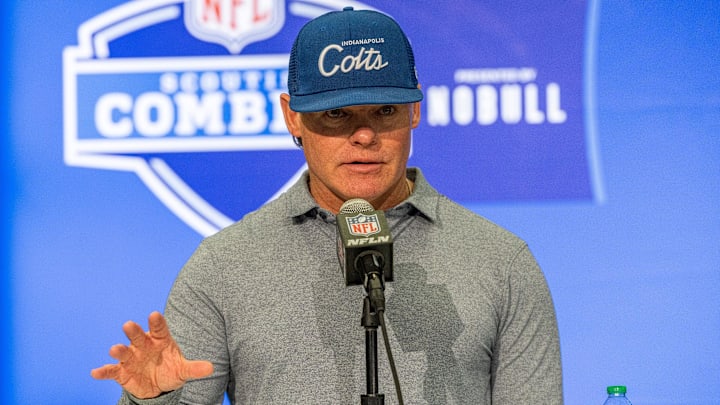 Feb 28, 2024; Indianapolis, IN, USA; Indianapolis Colts general manager Chris Ballard  talks to the media at the 2024 NFL Combine at Indiana Convention Center. Mandatory Credit: Trevor Ruszkowski-Imagn Images