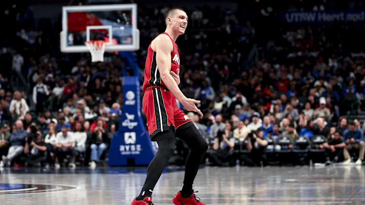 Feb 13, 2025; Dallas, Texas, USA;  Miami Heat guard Tyler Herro (14) reacts after scoring during the second half against the Dallas Mavericks at American Airlines Center. Mandatory Credit: Kevin Jairaj-Imagn Images