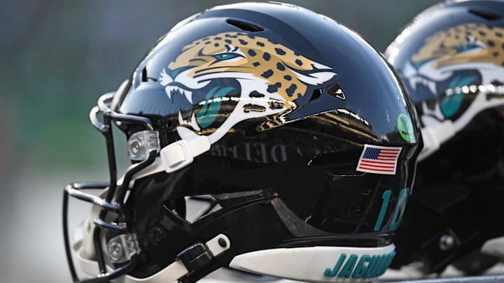 Nov 3, 2024; Philadelphia, Pennsylvania, USA; Jacksonville Jaguars helmets on the sidelines against the Philadelphia Eagles at Lincoln Financial Field. Mandatory Credit: Eric Hartline-Imagn Images