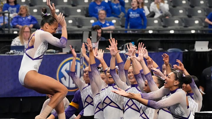 Mar 22, 2025; Birmingham AL, USA; before Session 2 of the SEC Gymnastics Championship at Legacy Arena in Birmingham, Alabama. LSU won the event to claim the SEC crown.