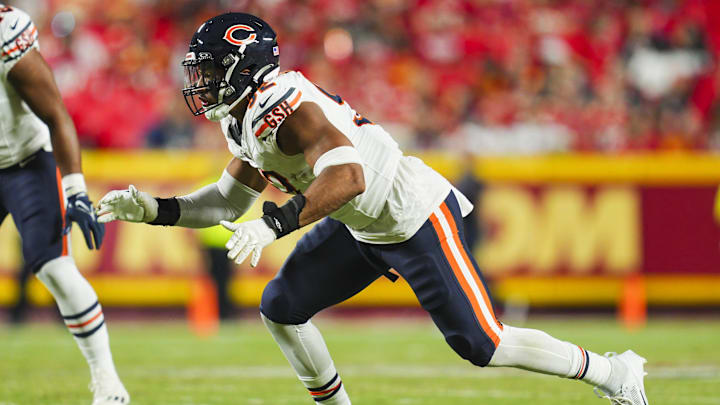 dAug 22, 2024; Kansas City, Missouri, USA; Chicago Bears defensive end Daniel Hardy (92) defends during the second half against the Kansas City Chiefs at GEHA Field at Arrowhead Stadium. Mandatory Credit: Jay Biggerstaff-Imagn Images