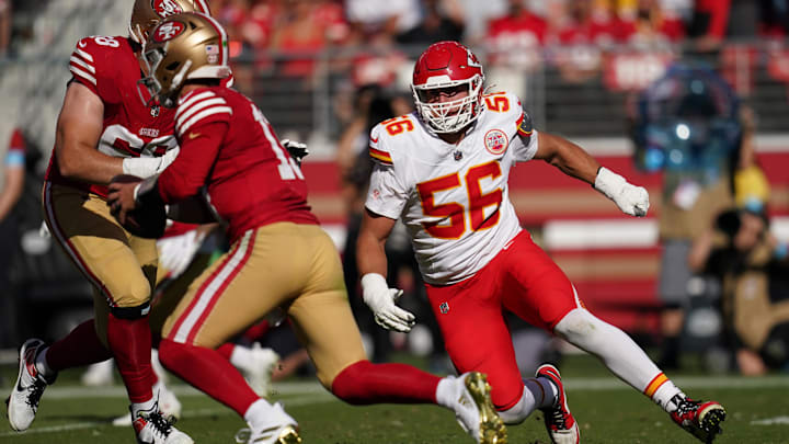 Oct 20, 2024; Santa Clara, California, USA; Kansas City Chiefs defensive end George Karlaftis (56) rushes San Francisco 49ers quarterback Brock Purdy (13) in the third quarter at Levi's Stadium. Mandatory Credit: Cary Edmondson-Imagn Images