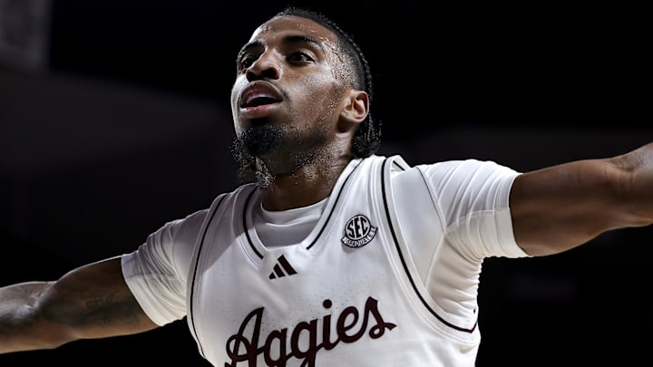 Nov 25, 2025; College Station, Texas, USA; Texas A&M Aggies guard Marcus Hill (0) blocks against the Mississippi Valley State Delta Devils during the first half at Reed Arena. Mandatory Credit: Maria Lysaker-Imagn Images 